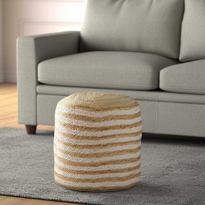 18" Natural And White Jute Blend Cylinder Striped Pouf Ottoman