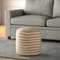 18" Natural And White Jute Blend Cylinder Striped Pouf Ottoman