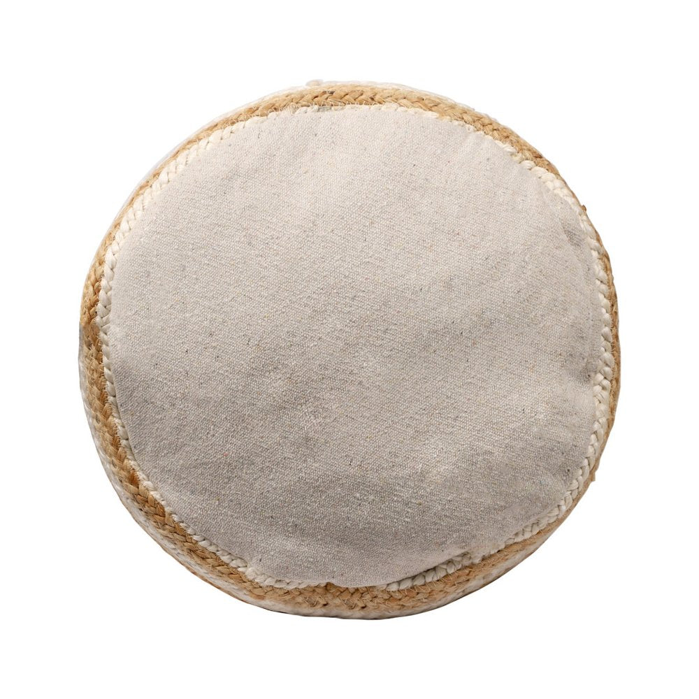 18" Natural And White Jute Blend Cylinder Striped Pouf Ottoman