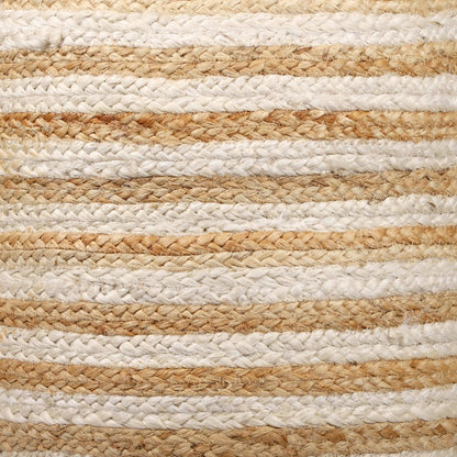 18" Natural And White Jute Blend Cylinder Striped Pouf Ottoman