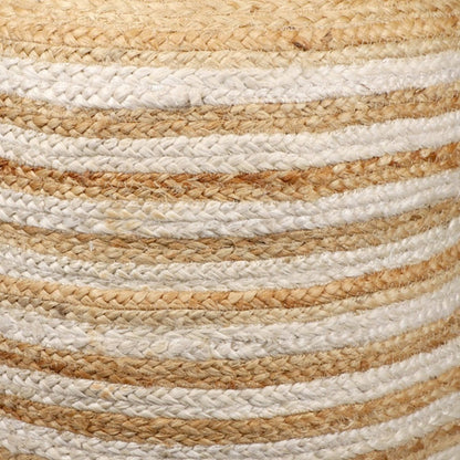18" Natural And White Jute Blend Cylinder Striped Pouf Ottoman