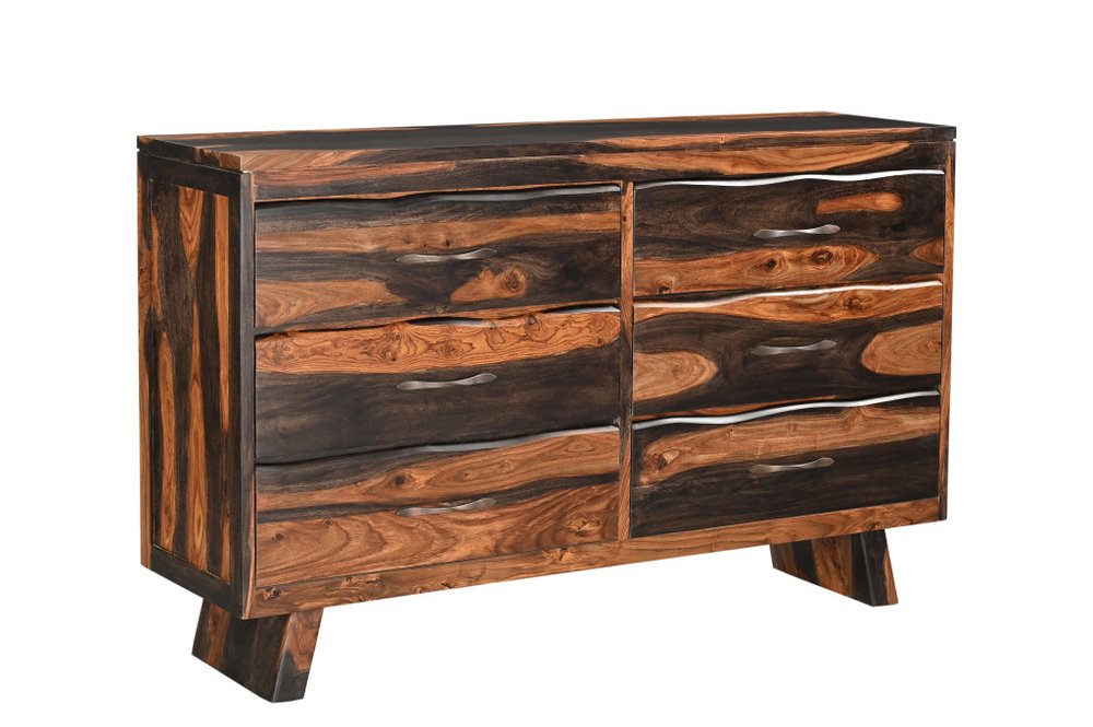 Cómoda doble de seis cajones con borde vivo de madera maciza marrón oscuro de 63"