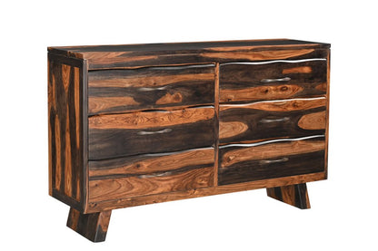 Cómoda doble de seis cajones con borde vivo de madera maciza marrón oscuro de 63"