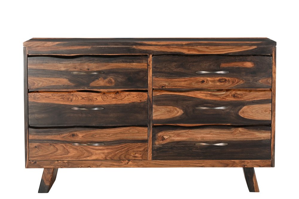 Cómoda doble de seis cajones con borde vivo de madera maciza marrón oscuro de 63"