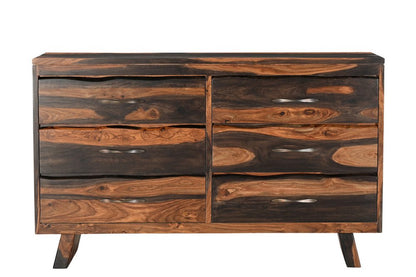 Cómoda doble de seis cajones con borde vivo de madera maciza marrón oscuro de 63"