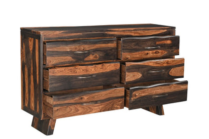 Cómoda doble de seis cajones con borde vivo de madera maciza marrón oscuro de 63"