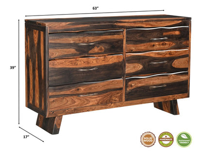 Cómoda doble de seis cajones con borde vivo de madera maciza marrón oscuro de 63"