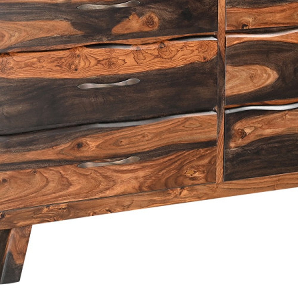 Cómoda doble de seis cajones con borde vivo de madera maciza marrón oscuro de 63"