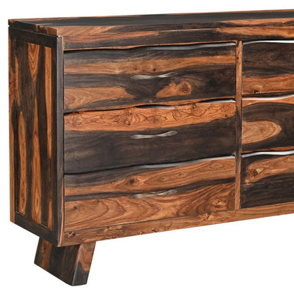 Cómoda doble de seis cajones con borde vivo de madera maciza marrón oscuro de 63"
