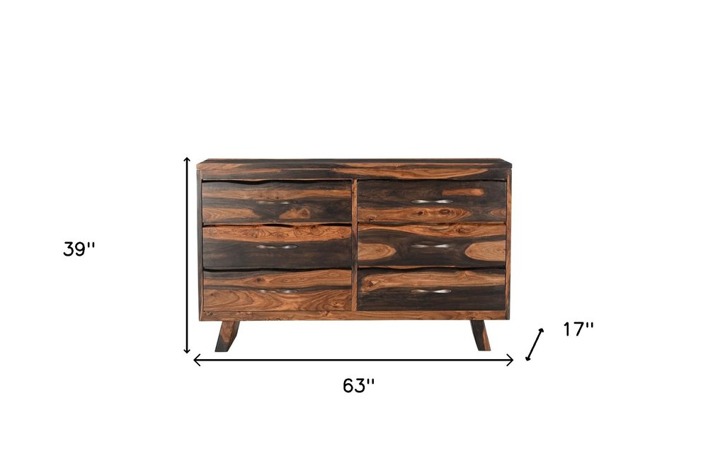 Cómoda doble de seis cajones con borde vivo de madera maciza marrón oscuro de 63"