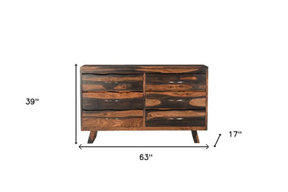 Cómoda doble de seis cajones con borde vivo de madera maciza marrón oscuro de 63"