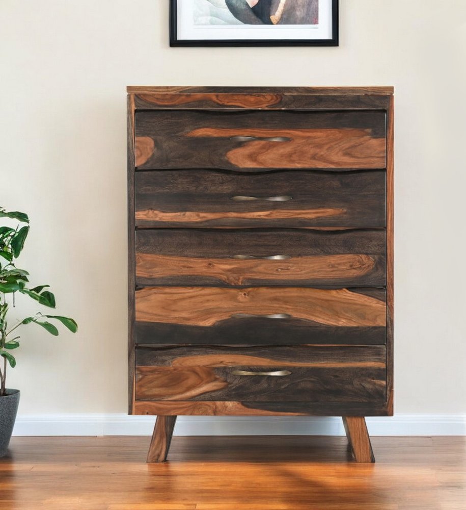Cómoda doble de seis cajones con borde vivo de madera maciza marrón oscuro de 63"