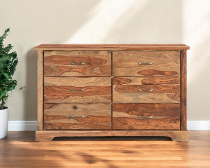 Cómoda doble de seis cajones con borde vivo de madera maciza marrón de 60"