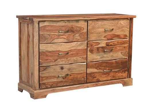 Cómoda doble de seis cajones con borde vivo de madera maciza marrón de 60"