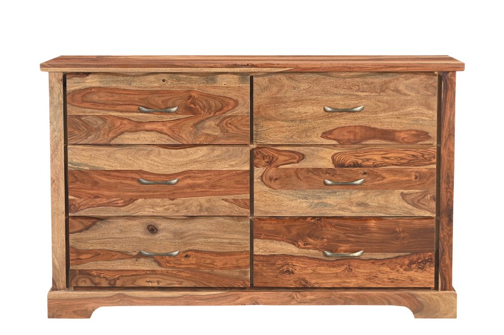 Cómoda doble de seis cajones con borde vivo de madera maciza marrón de 60"