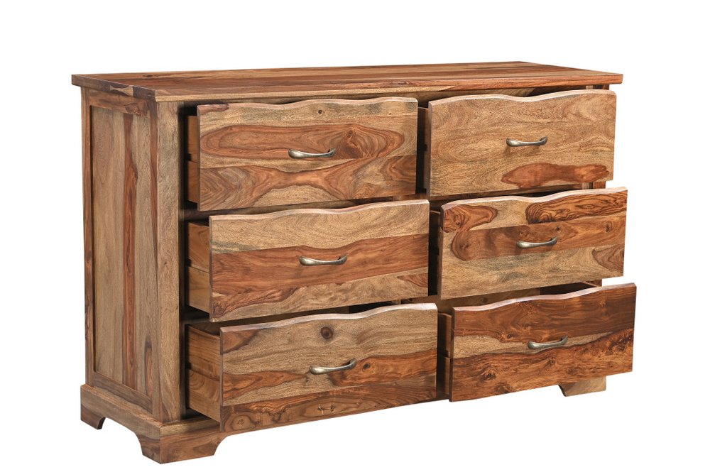 Cómoda doble de seis cajones con borde vivo de madera maciza marrón de 60"