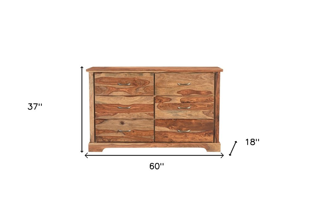 Cómoda doble de seis cajones con borde vivo de madera maciza marrón de 60"