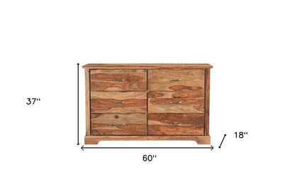 Cómoda doble de seis cajones con borde vivo de madera maciza marrón de 60"