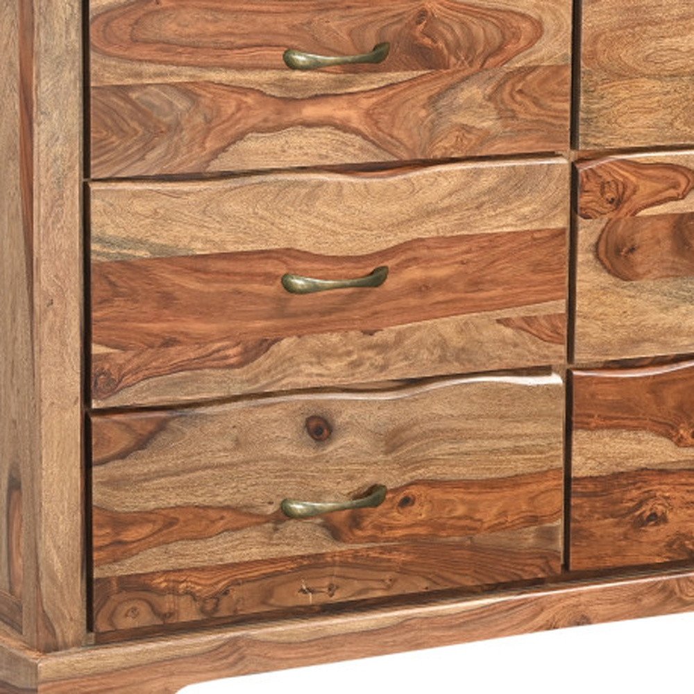 Cómoda doble de seis cajones con borde vivo de madera maciza marrón de 60"