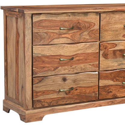 Cómoda doble de seis cajones con borde vivo de madera maciza marrón de 60"