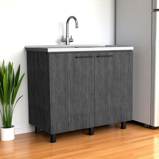 35" X 39" Gray And Silver Stainless Steel and Wood Utility Cabinet With Sink