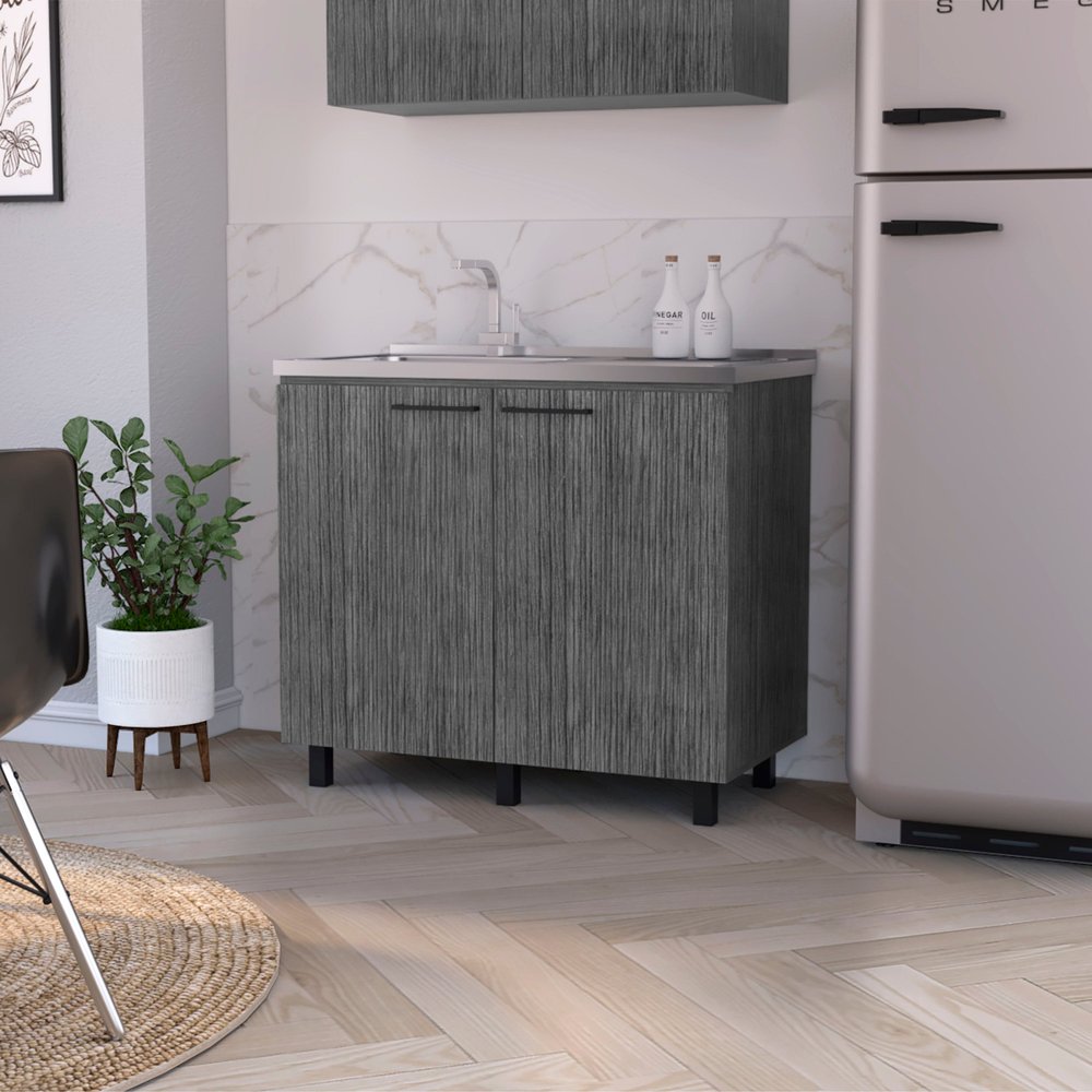 35" X 39" Gray And Silver Stainless Steel and Wood Utility Cabinet With Sink