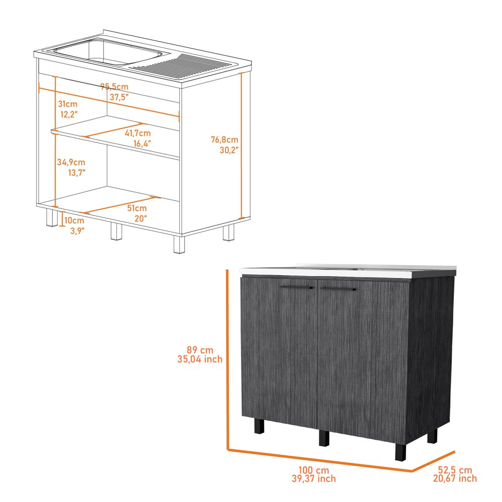 35" X 39" Gray And Silver Stainless Steel and Wood Utility Cabinet With Sink