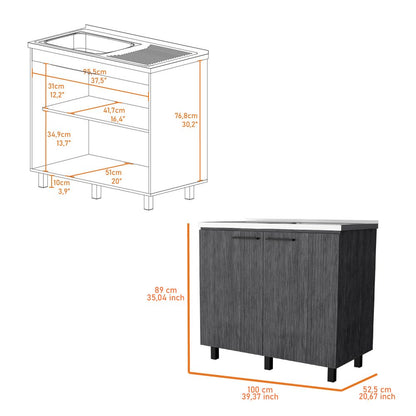 35" X 39" Gray And Silver Stainless Steel and Wood Utility Cabinet With Sink