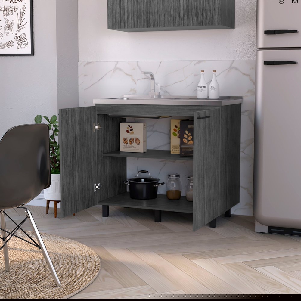 35" X 39" Gray And Silver Stainless Steel and Wood Utility Cabinet With Sink