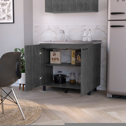 35" X 39" Gray And Silver Stainless Steel and Wood Utility Cabinet With Sink