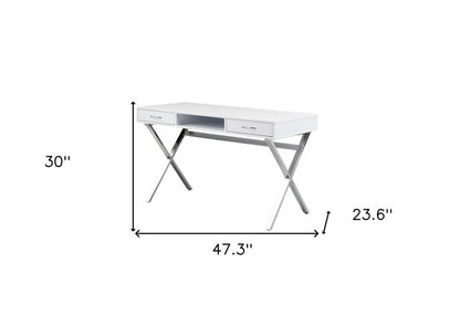 47" White and Silver Wood and Metal Computer Desk With Two Drawers