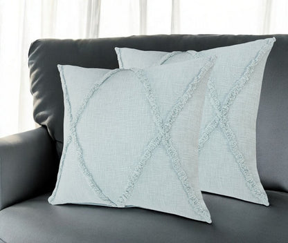 Set of Two Blue Diamond Cotton Throw Pillow With Fringe