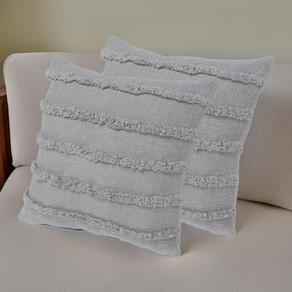 Set of Two Navy Blue Ribbed Cotton Throw Pillow With Fringe