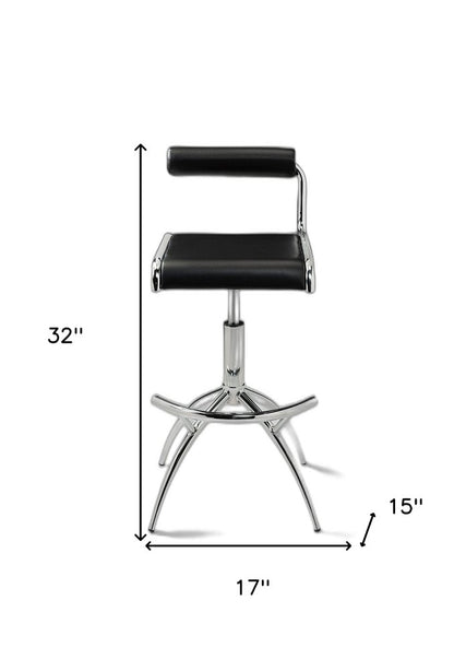 Set of Two Black and Silver Faux Leather and Metal Low Back Adjustable Height Bar Chairs