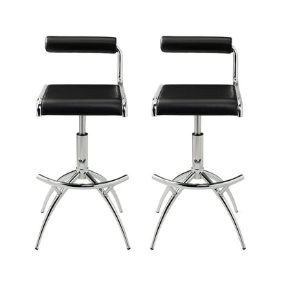 Set of Two Black and Silver Faux Leather and Metal Low Back Adjustable Height Bar Chairs