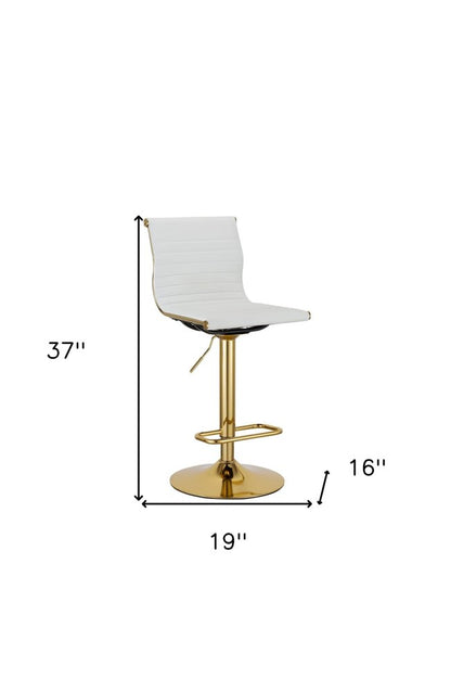 Set of Two White and Gold Faux Leather and Metal Low Back Adjustable Height Bar Chairs