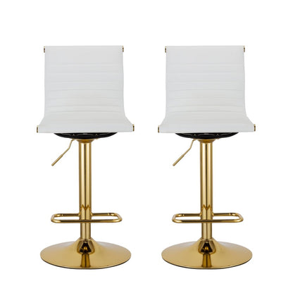 Set of Two White and Gold Faux Leather and Metal Low Back Adjustable Height Bar Chairs