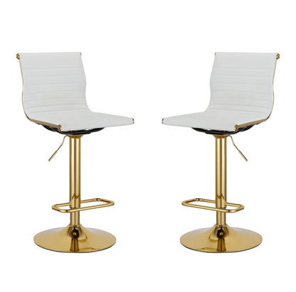 Set of Two White and Gold Faux Leather and Metal Low Back Adjustable Height Bar Chairs