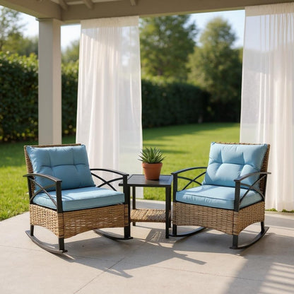 Three Piece Black Natural and Light Blue Rattan Two Person Seating Group With Table