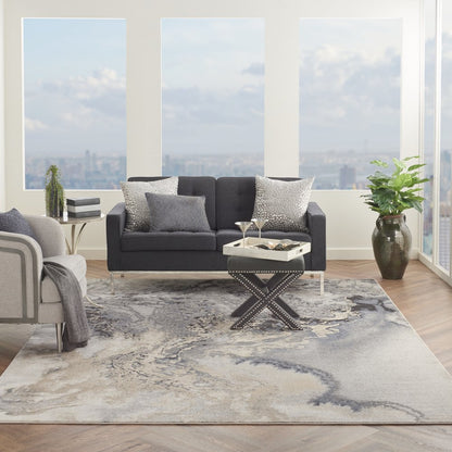 9' X 13' Gray Black and Ivory Abstract Area Rug