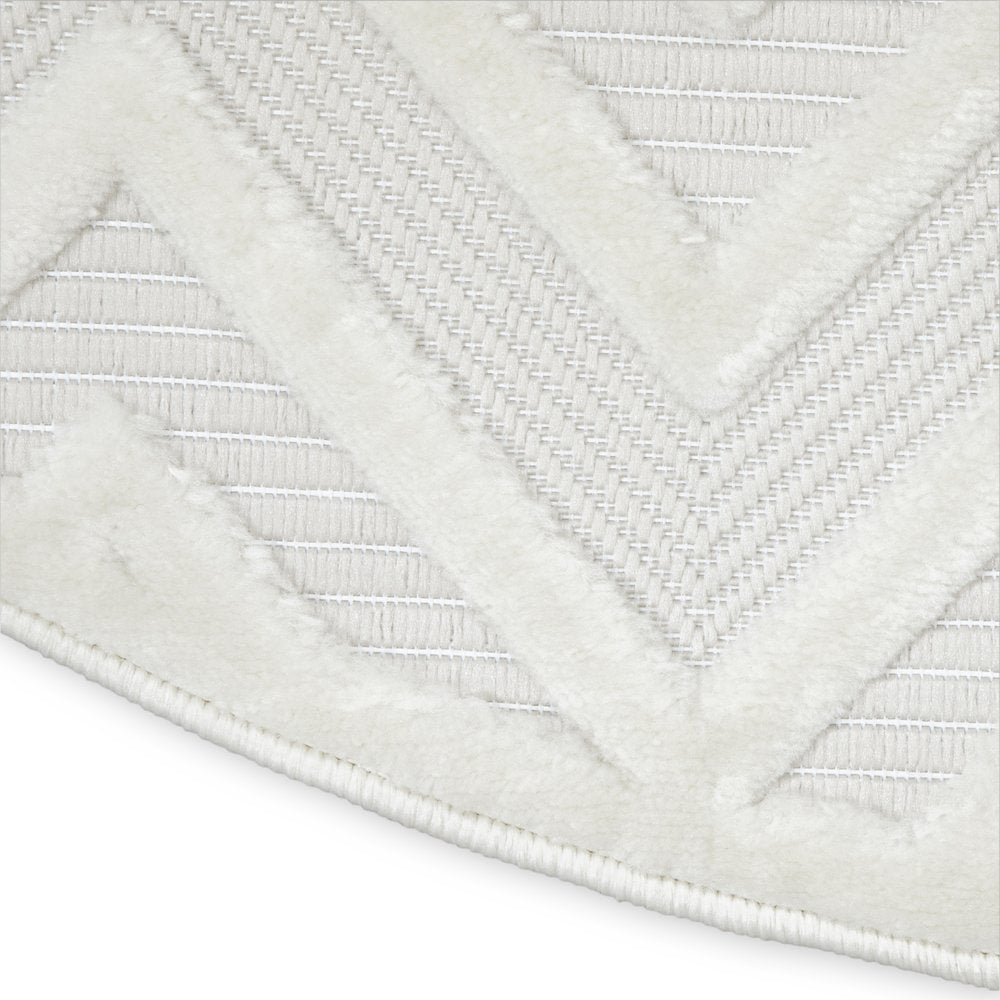 10' Ivory And White Round Geometric Indoor Outdoor Area Rug