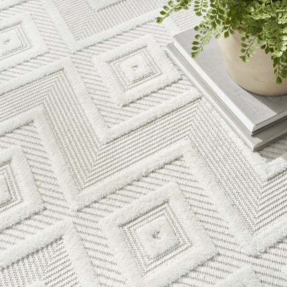 10' Ivory And White Round Geometric Indoor Outdoor Area Rug