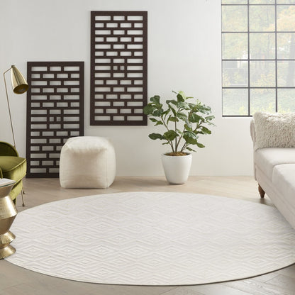 10' Ivory And White Round Geometric Indoor Outdoor Area Rug