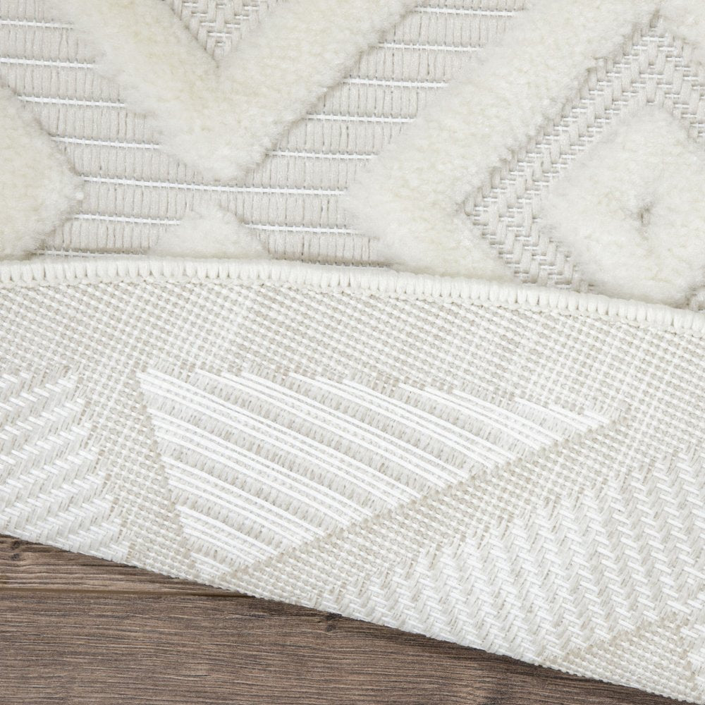 10' Ivory And White Round Geometric Indoor Outdoor Area Rug