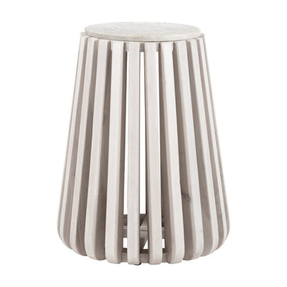 23" White and Natural Distressed Marble and Wood Round Drum End Table