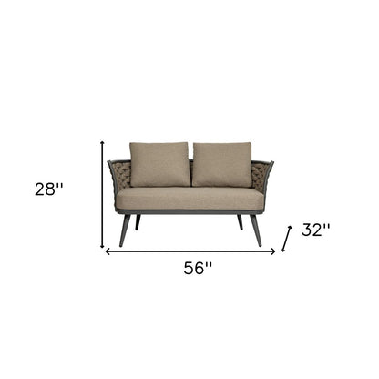 56" Dark Gray Aluminum Outdoor Love Seat with Taupe Cushions