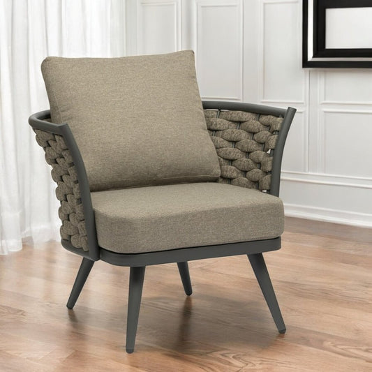 Sillón de exterior de aluminio tejido gris y topo de 81 cm con cojín topo