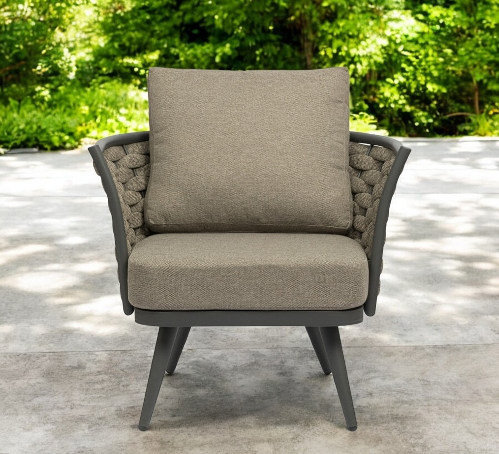 Sillón de exterior de aluminio tejido gris y topo de 81 cm con cojín topo
