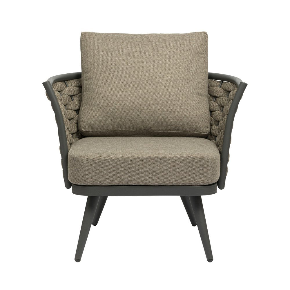 Sillón de exterior de aluminio tejido gris y topo de 81 cm con cojín topo