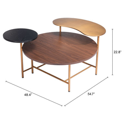 55" Brown Black and Gold Wood and Steel Three Tier Coffee Table